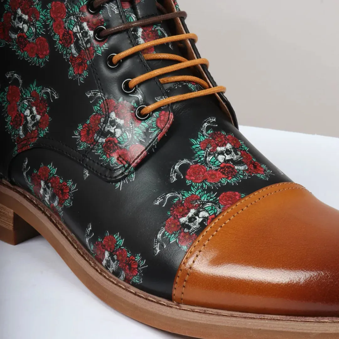 Adam - Men's Brown Floral Skull Print Leather Oxford Boots sold by Tru Clothing product image thumbnail 4