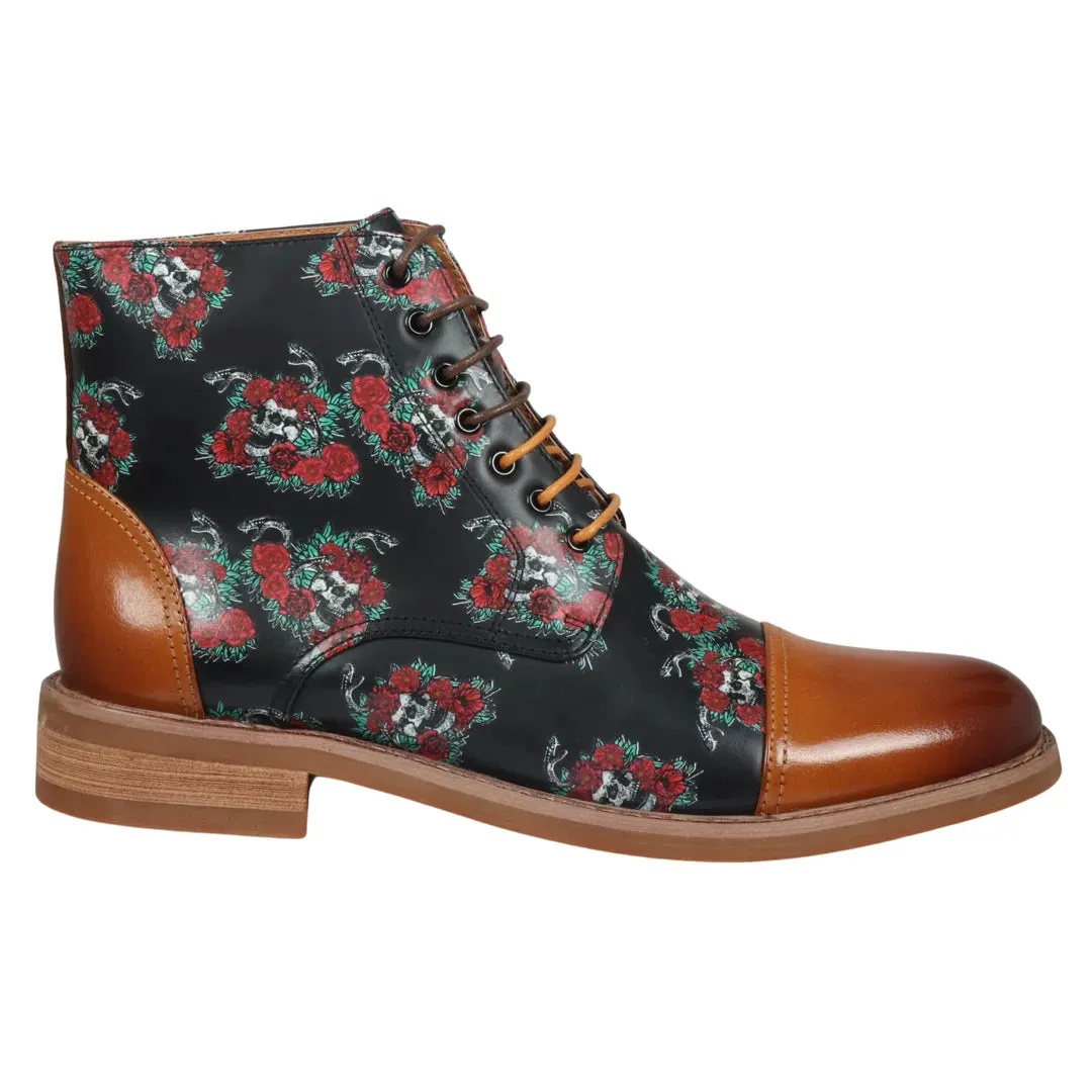 Adam - Men's Brown Floral Skull Print Leather Oxford Boots sold by Tru Clothing