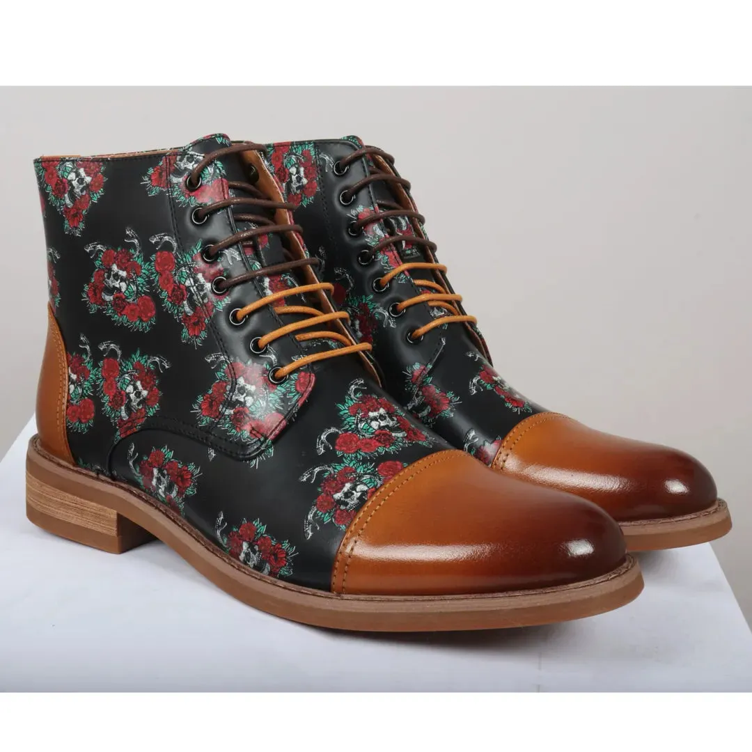 Adam - Men's Brown Floral Skull Print Leather Oxford Boots sold by Tru Clothing product image thumbnail 2