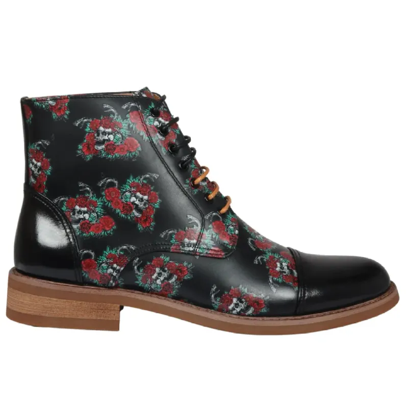 Adam - Men's Black Floral Skull Print Leather Oxford Boots sold by Tru Clothing