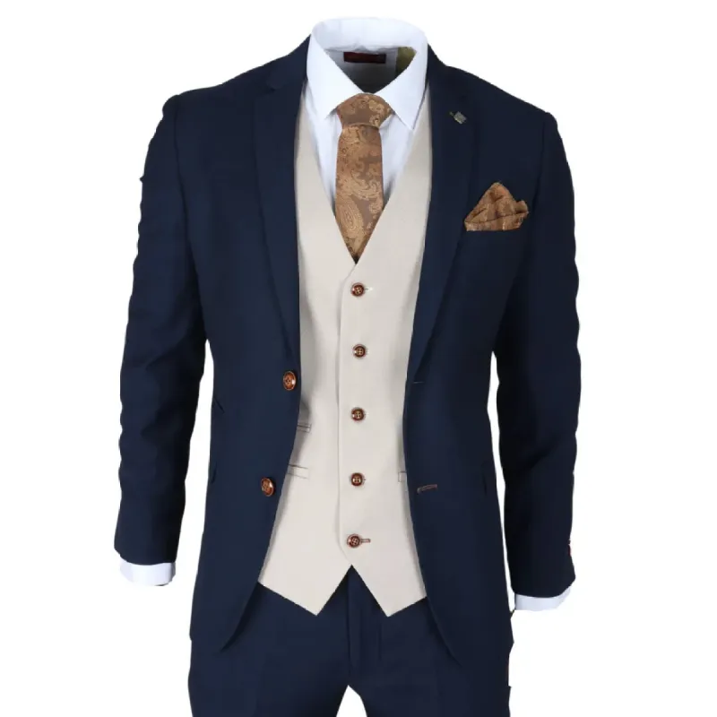Mayfair - Men's 3 Piece Navy Suit With Cream Waistcoat sold by Tru Clothing