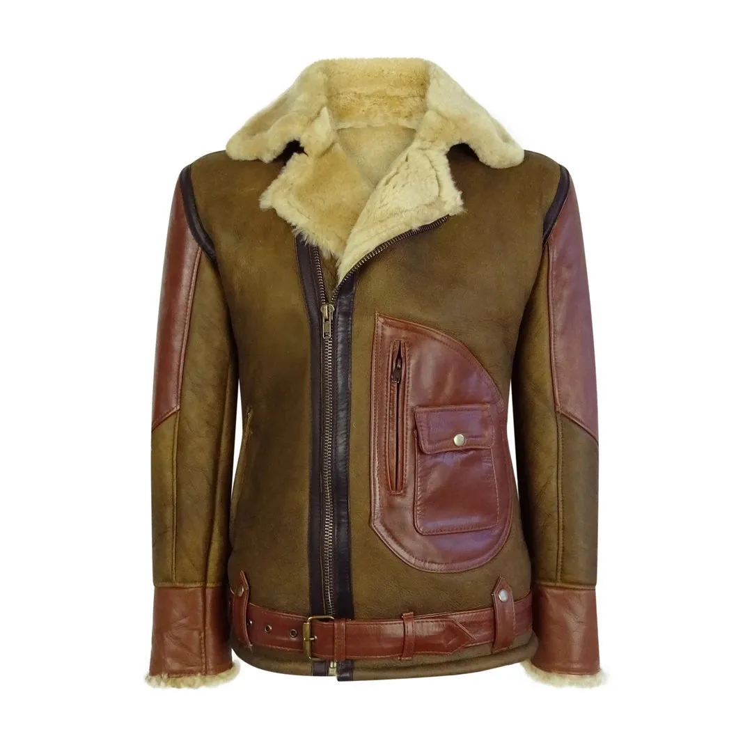 Men's Tan Sheepskin Cross Zip Flying Jacket Pilot Flight Ginger Belt sold by Tru Clothing