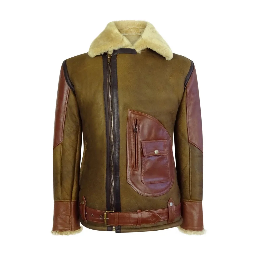 Men's Tan Sheepskin Cross Zip Flying Jacket Pilot Flight Ginger Belt sold by Tru Clothing product image thumbnail 4