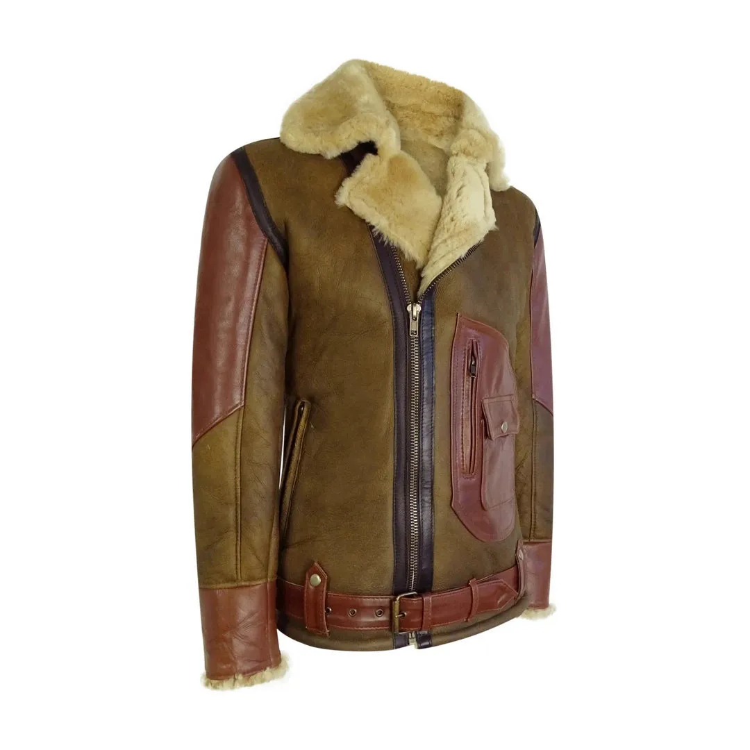 Men's Tan Sheepskin Cross Zip Flying Jacket Pilot Flight Ginger Belt sold by Tru Clothing product image thumbnail 2