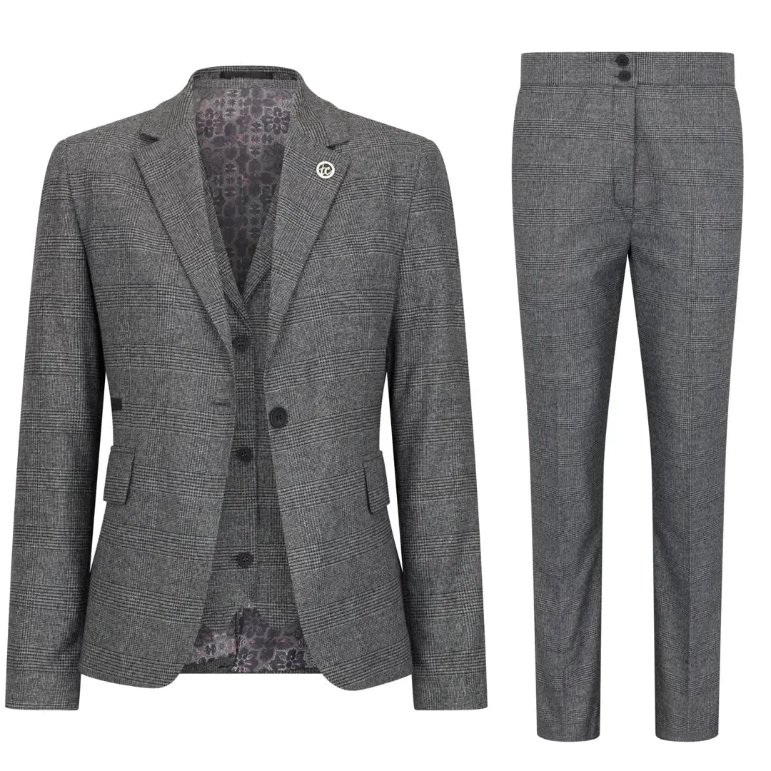 TPW51 - Women's Grey 3 Piece Prince Of Wales Check Suit sold by Tru Clothing