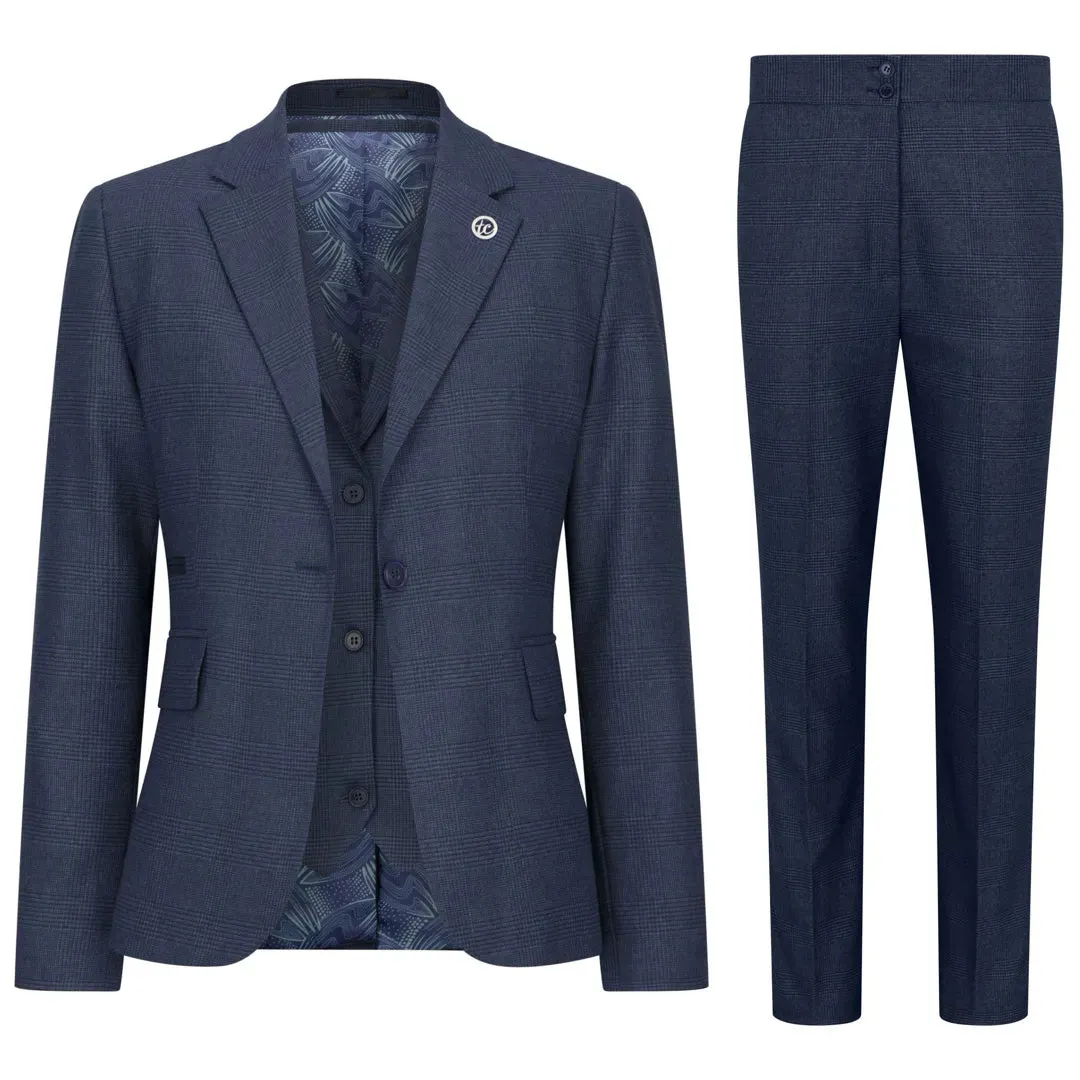 TPW52 - Women's Navy 3 Piece Prince Of Wales Check Suit sold by Tru Clothing