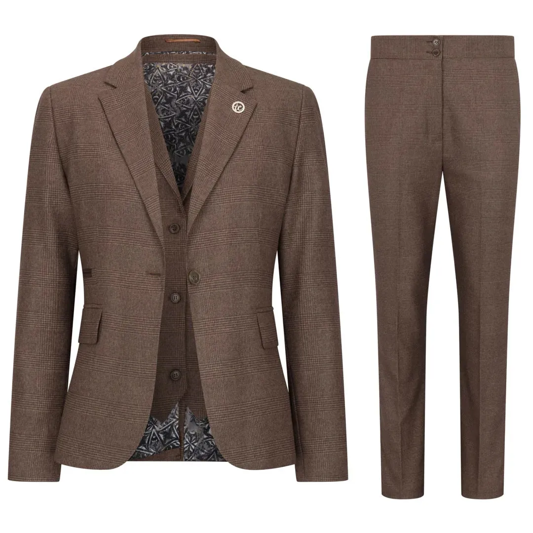 TPW50 - Women's Brown 3 Piece Prince Of Wales Check Suit sold by Tru Clothing