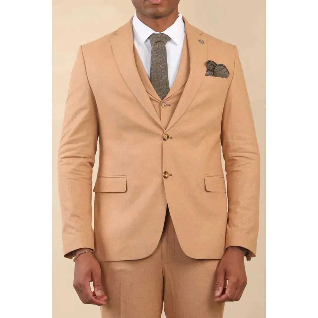 TP-23 - Men's Camel 3 Piece Linen Summer Wedding Suit sold by Tru Clothing