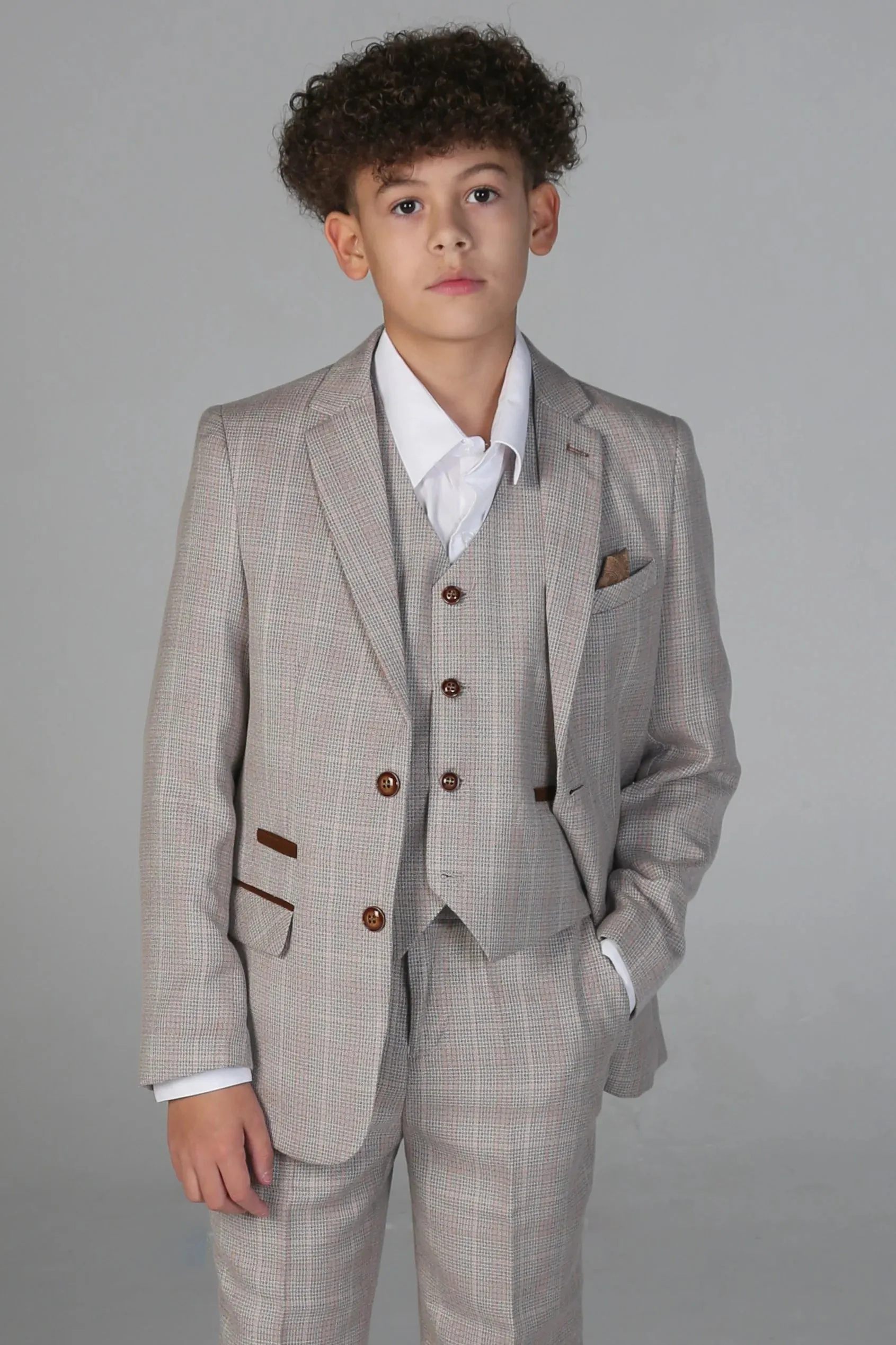 Leo - Boys Beige 3 Piece Checked Suit sold by Tru Clothing
