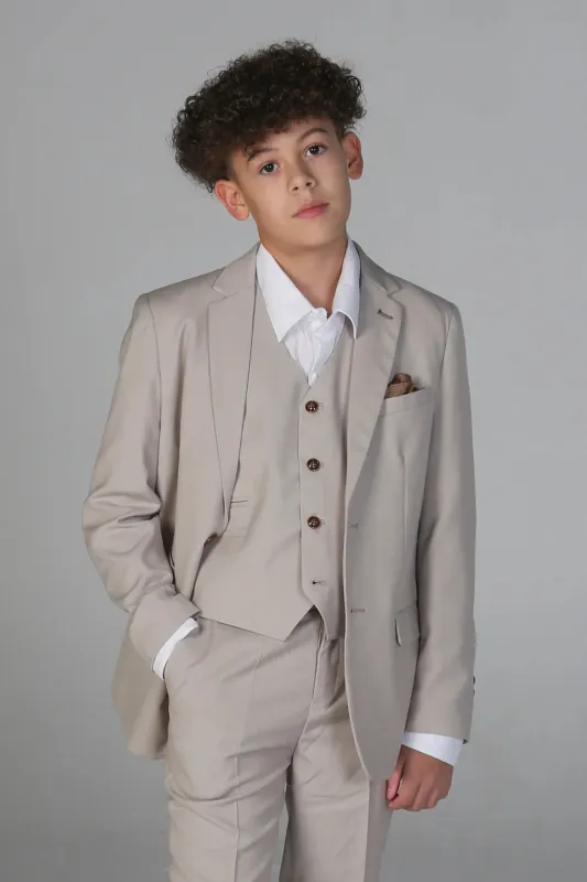 Mayfair - Boys Stone 3 Piece Classic Birdseye Wedding Suit sold by Tru Clothing