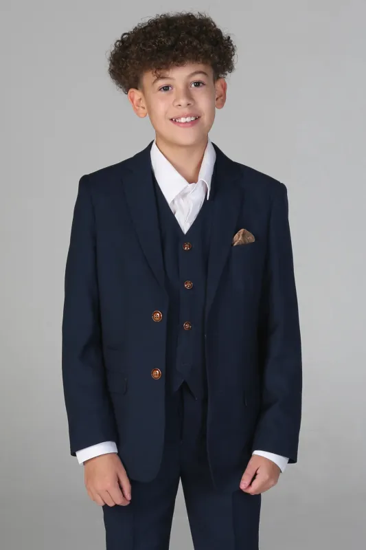 Mayfair - Boys Navy 3 Piece Classic Birdseye Wedding Suit sold by Tru Clothing