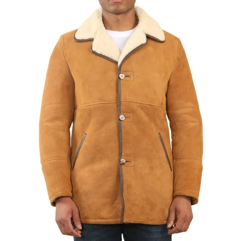 Men's Tan Shearling Sheepskin Car Coat sold by Tru Clothing