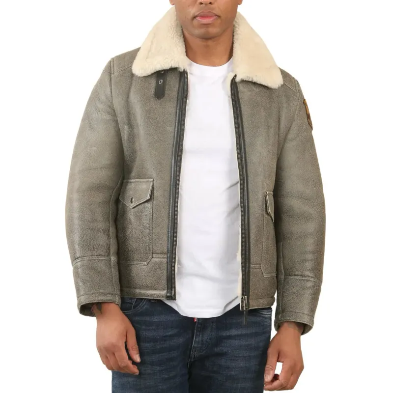 Men's Grey B3 Shearling Aviator Sheepskin Jacket sold by Tru Clothing