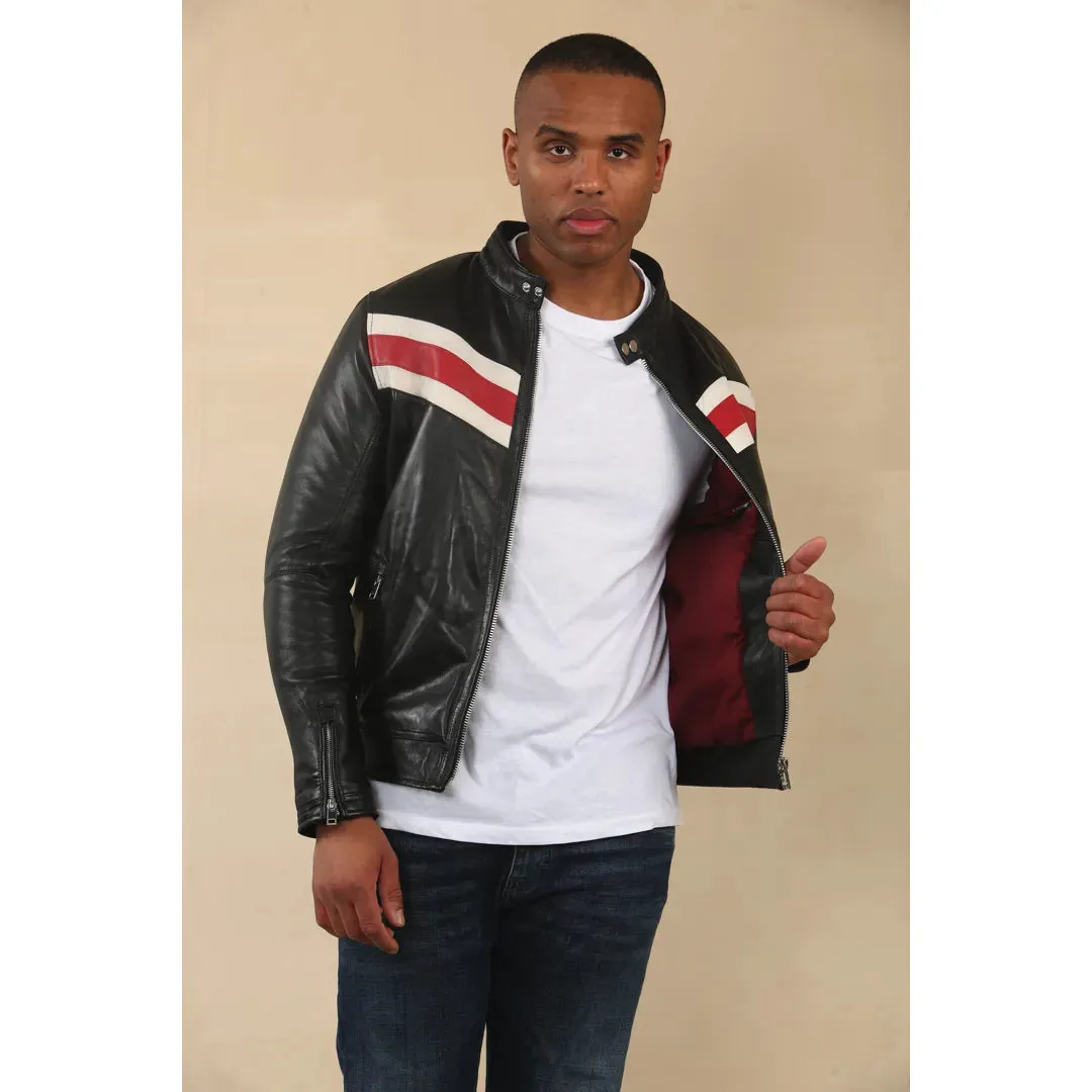 Men's Black Racer Striped Biker Leather Jacket sold by Tru Clothing product image thumbnail 3
