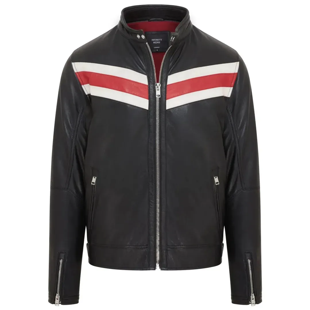 Men's Black Racer Striped Biker Leather Jacket sold by Tru Clothing product image thumbnail 2