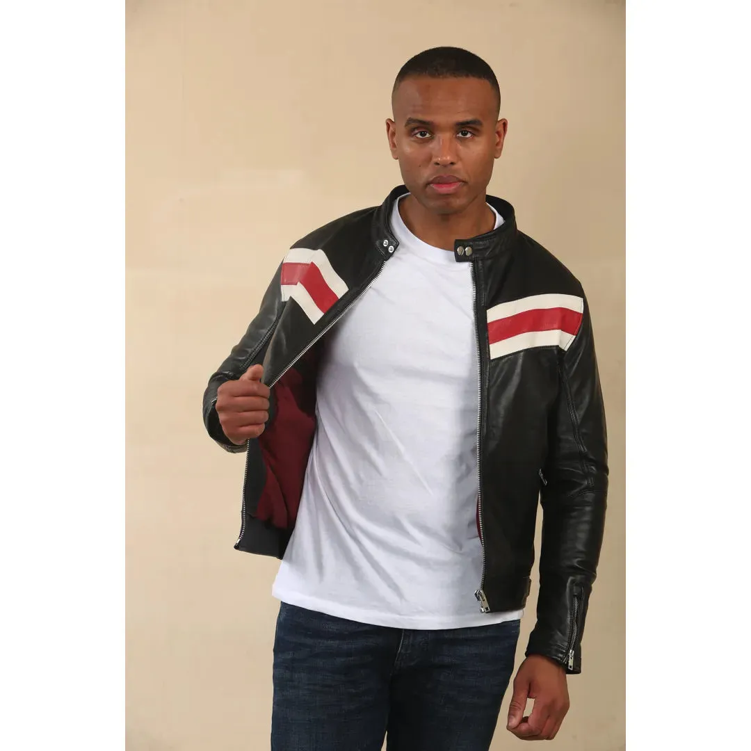Men's Black Racer Striped Biker Leather Jacket sold by Tru Clothing product image thumbnail 4
