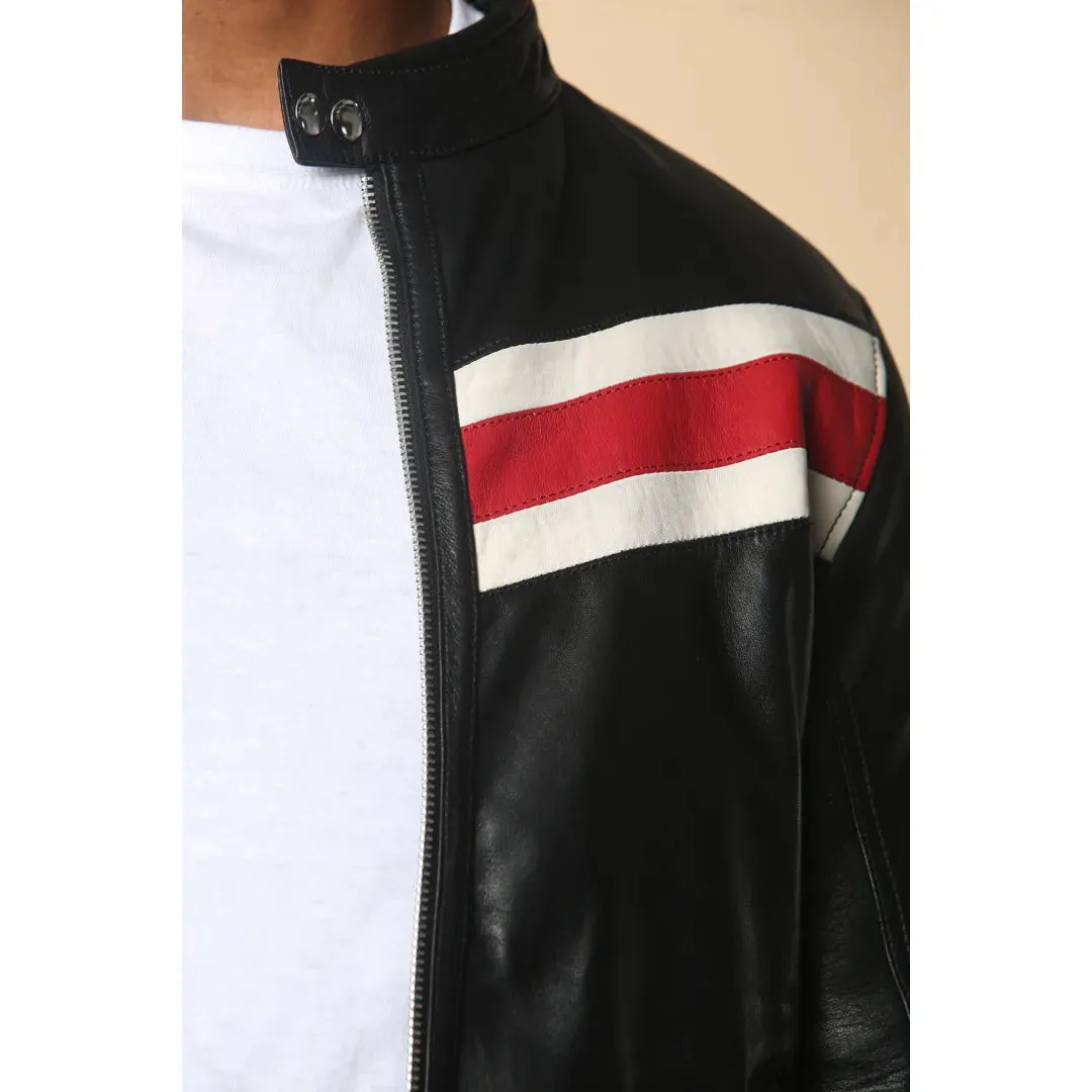 Men's Black Racer Striped Biker Leather Jacket sold by Tru Clothing product image thumbnail 5