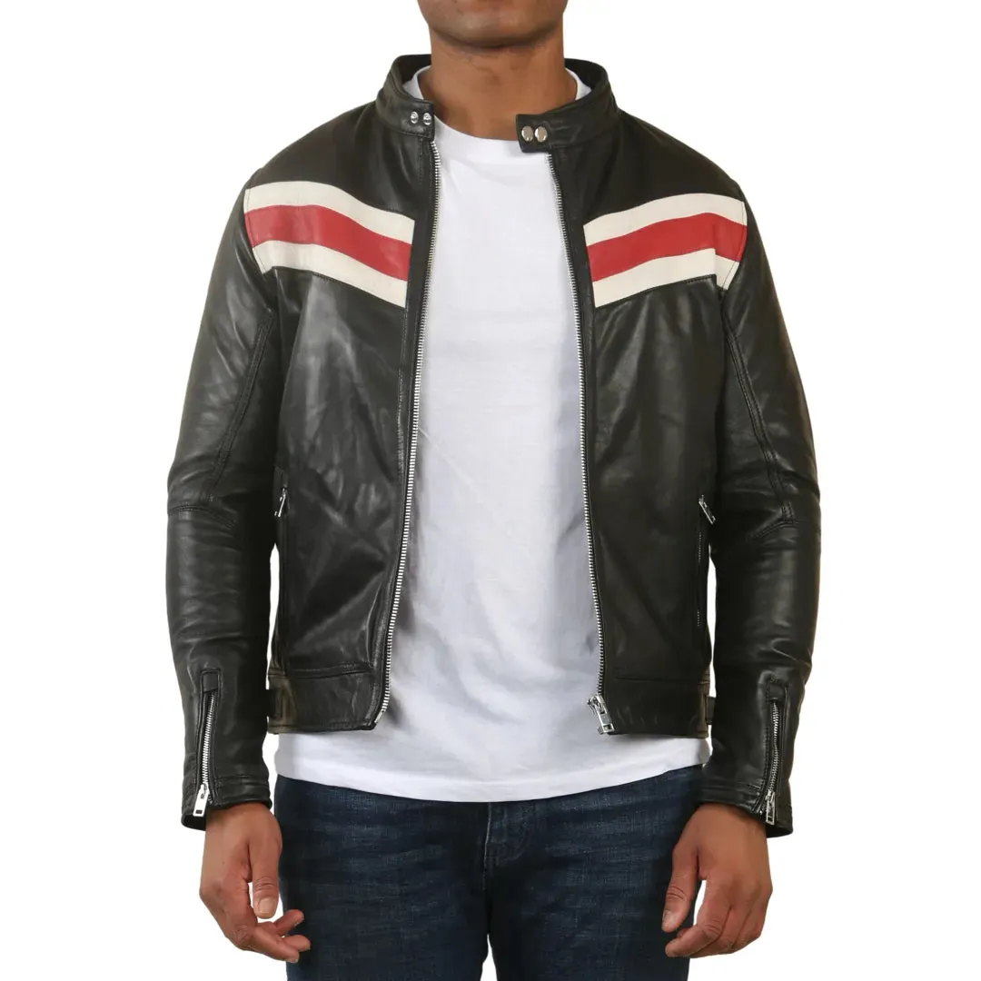 Men's Black Racer Striped Biker Leather Jacket sold by Tru Clothing