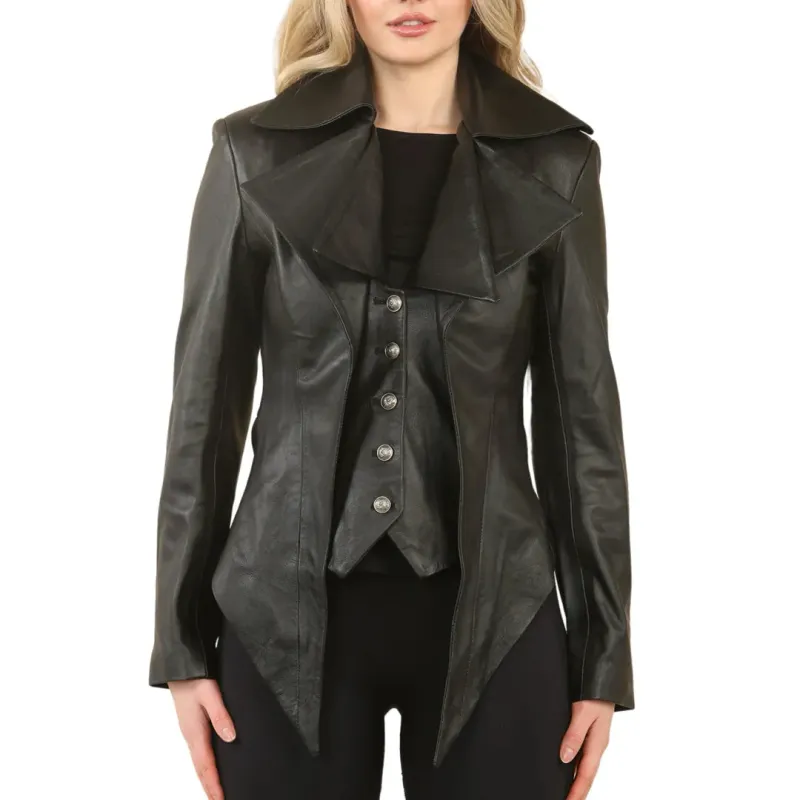 Women's Gothic Mid-Length Edwardian Leather Jacket sold by Tru Clothing