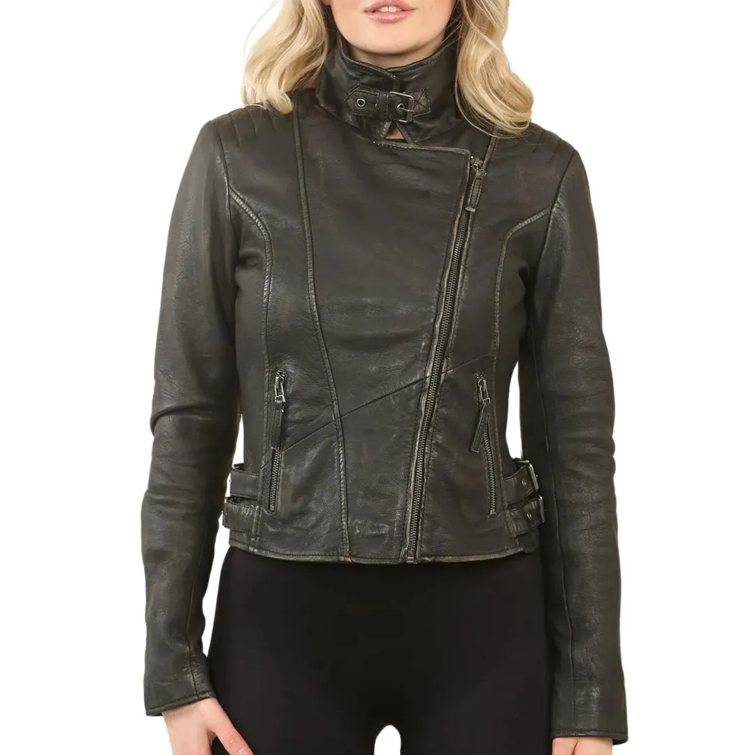 Women's Black Cross Zip Leather Brando Biker Jacket sold by Tru Clothing