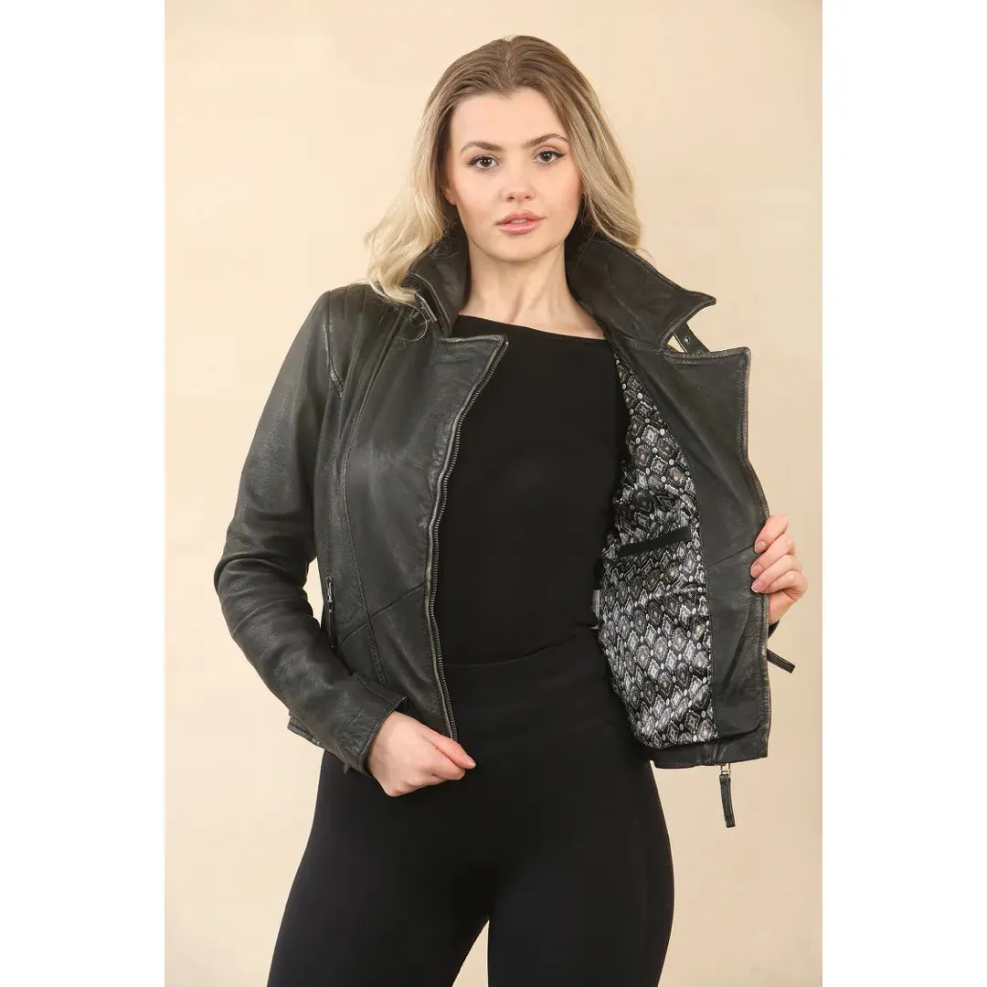 Women's Black Cross Zip Leather Brando Biker Jacket sold by Tru Clothing product image thumbnail 2