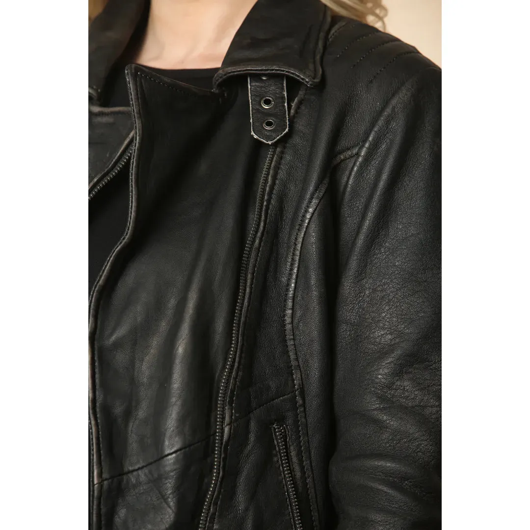 Women's Black Cross Zip Leather Brando Biker Jacket sold by Tru Clothing product image thumbnail 3