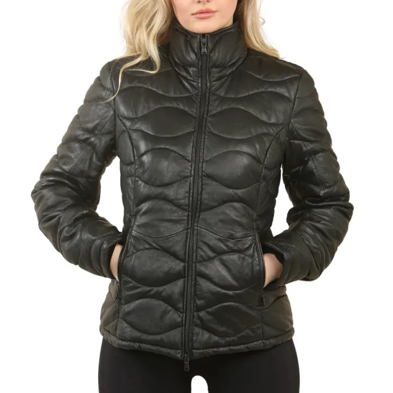 Women's Puffer Quilted Mid Length Leather Jacket sold by Tru Clothing