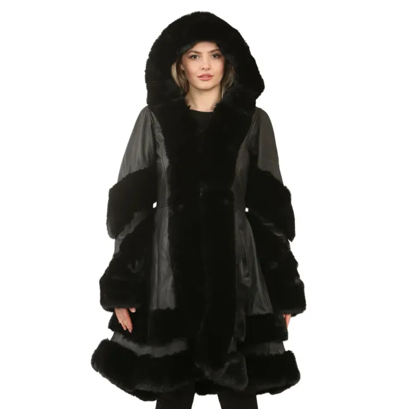 Women's Black Flared Hooded Leather Cape Coat sold by Tru Clothing