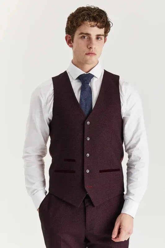 Regent - Men's Wine Plaid Check Waistcoat sold by Tru Clothing