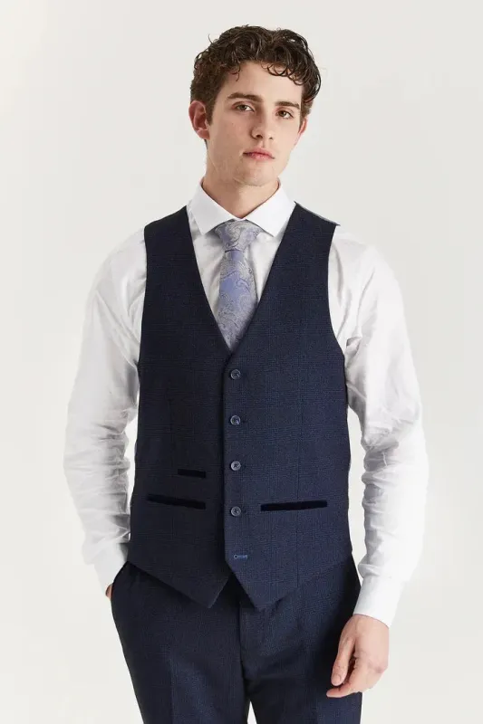 Regent - Men's Navy Plaid Check Waistcoat sold by Tru Clothing