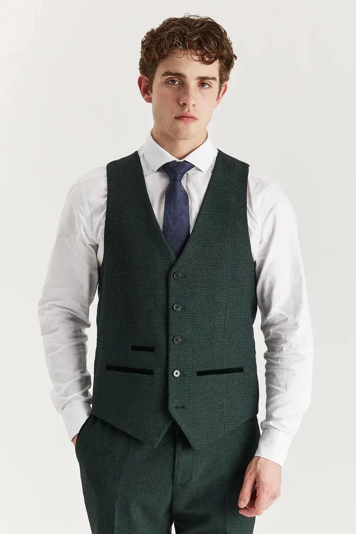 Regent - Men's Green Plaid Check Waistcoat sold by Tru Clothing