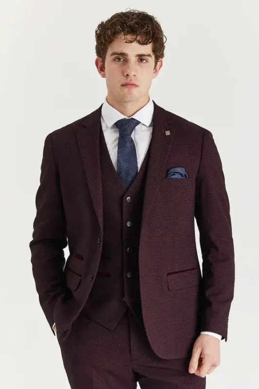 Regent - Men's Wine 3 Piece Prince Of Wales Checked Suit sold by Tru Clothing