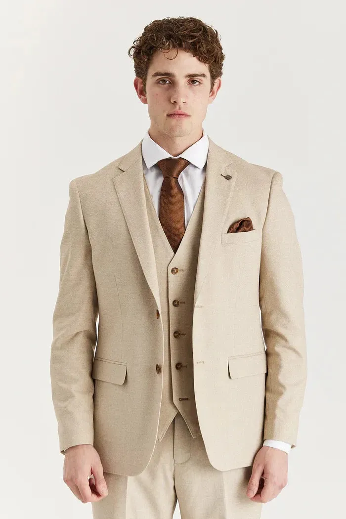 Belmont - Men's Beige 3 Piece Stitch Lapel Classic Suit sold by Tru Clothing