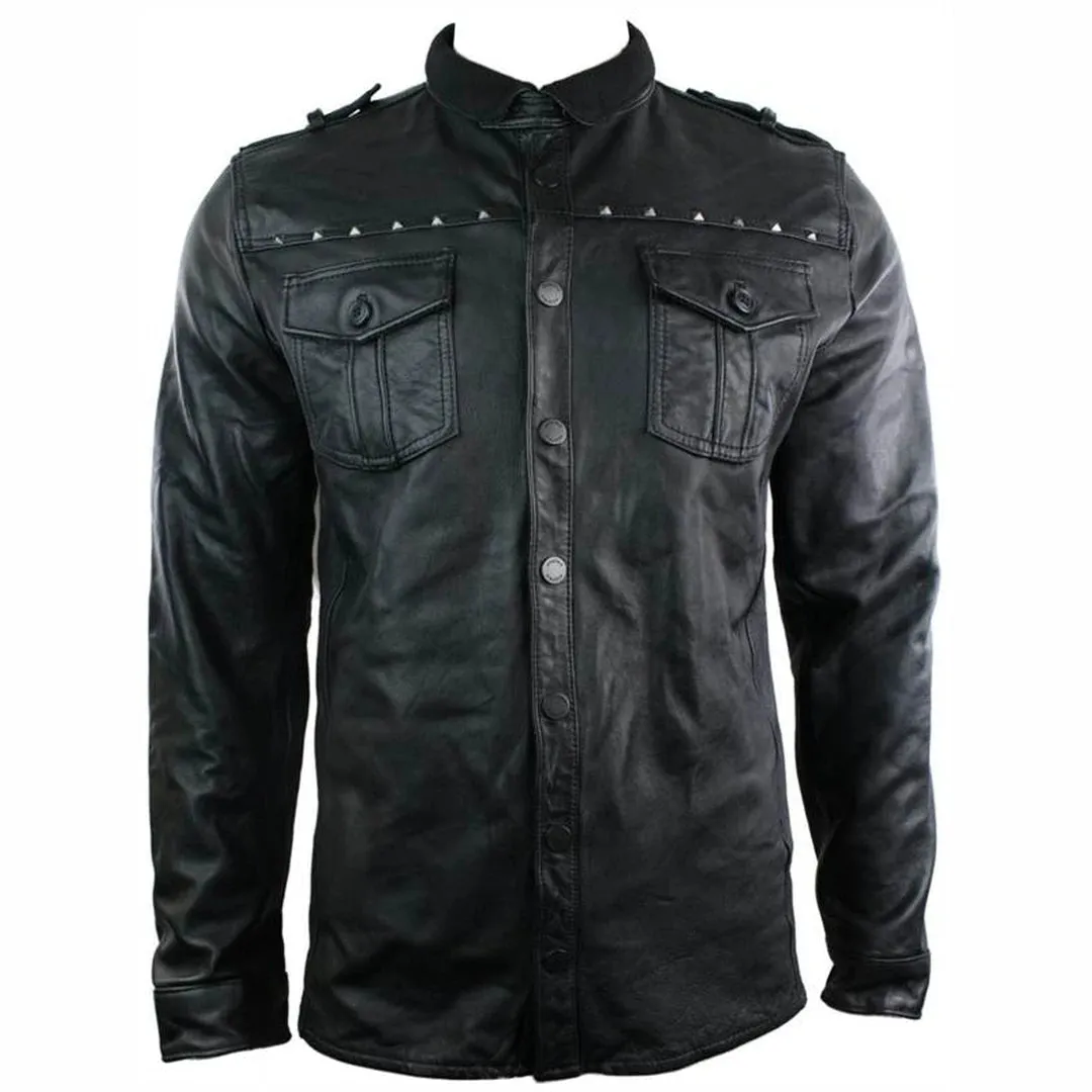Men's Tailored Fit Vintage Leather Shirt Retro Stud Style Jacket Black Casual sold by Tru Clothing