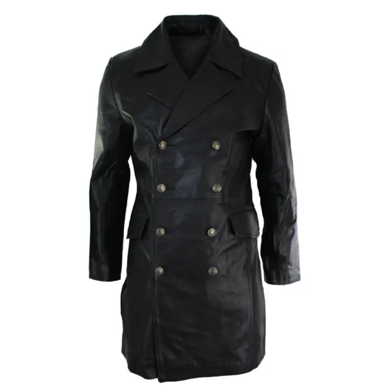 Men's Long 3/4 Black Leather Germans Jacket Punk Rock Emo sold by Tru Clothing