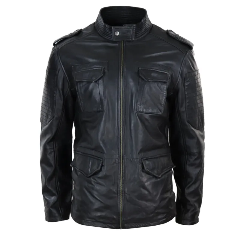 Men's Leather Military Safari Jacket Zip Parker Classic Black sold by Tru Clothing