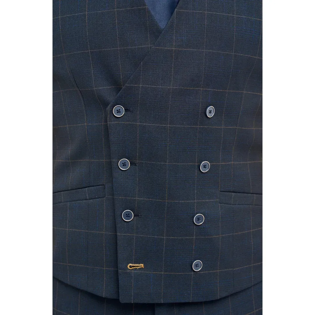 Torino - Men's Navy Check Double Breasted Waistcoat sold by Tru Clothing product image thumbnail 2