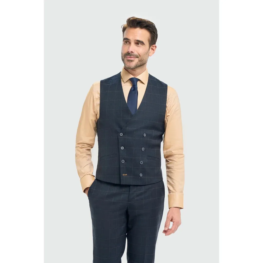Torino - Men's Navy Check Double Breasted Waistcoat sold by Tru Clothing