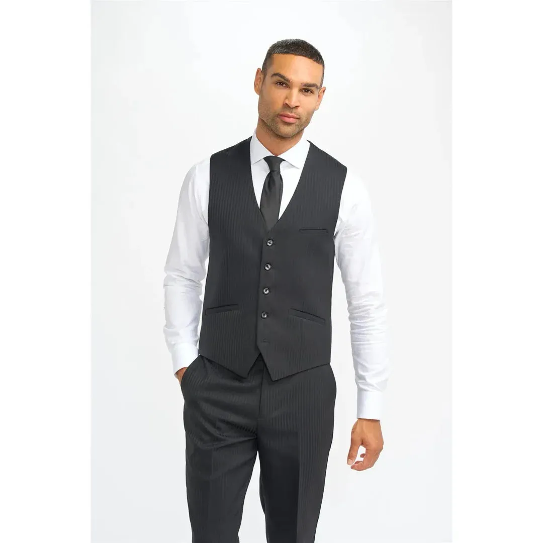 Roberto - Men's Black Shadow Stripes Waistcoat sold by Tru Clothing