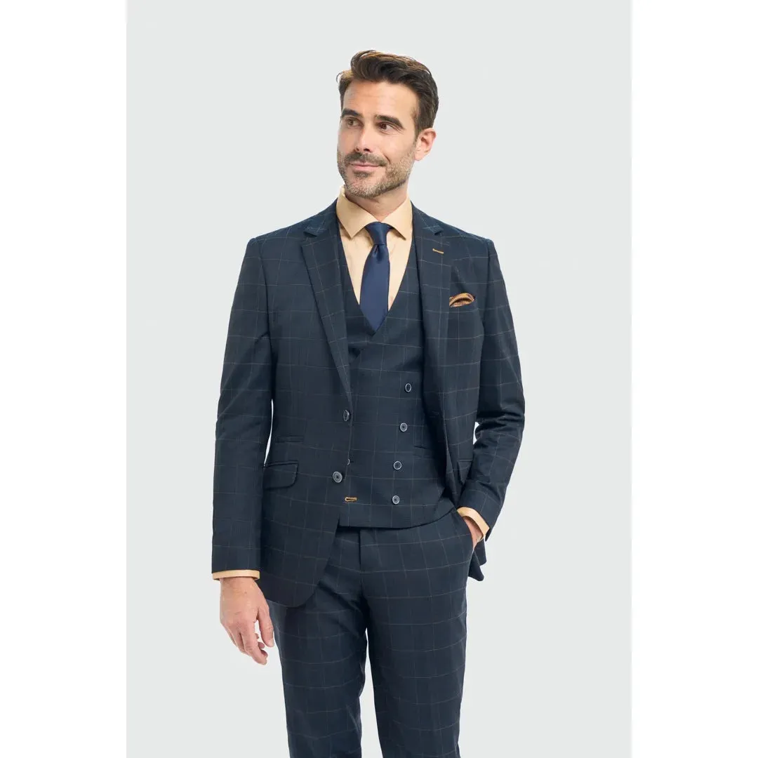 Torino - Men's 3 Piece Tailored Fit Navy Check Suit sold by Tru Clothing