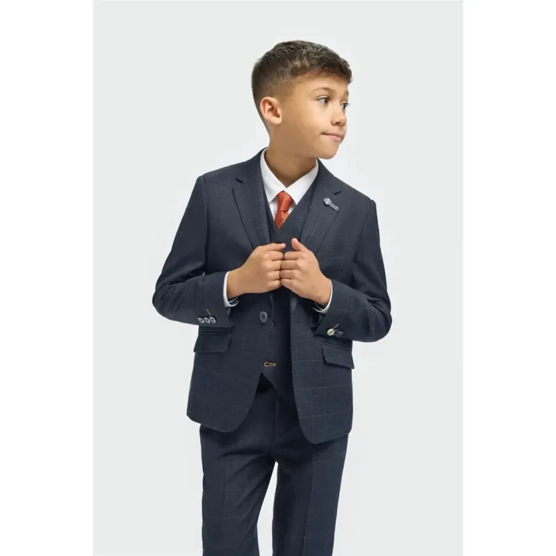Torino - Boys 3 Piece Tailored Fit Navy Check Suit sold by Tru Clothing