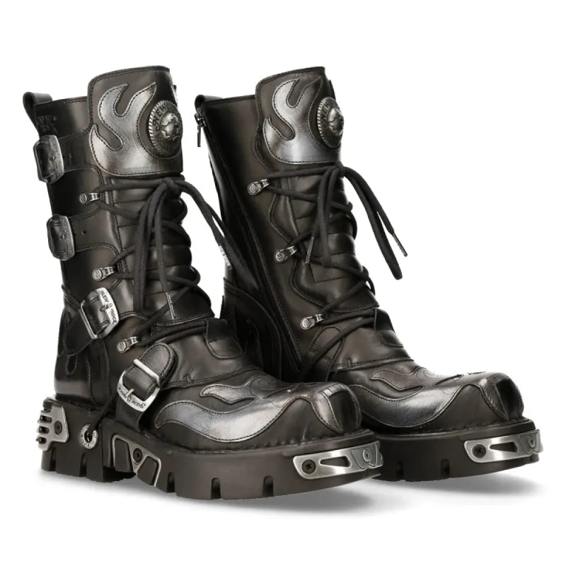 New Rock 107-S2 Black/Silver Gothic Leather Flame Boots made by Newrock