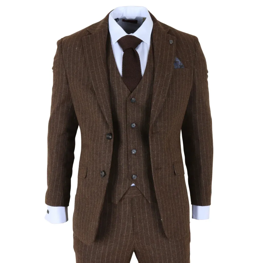 Victor - Men's Brown Pinstripe Slim Fit 3 Piece Suit sold by Tru Clothing