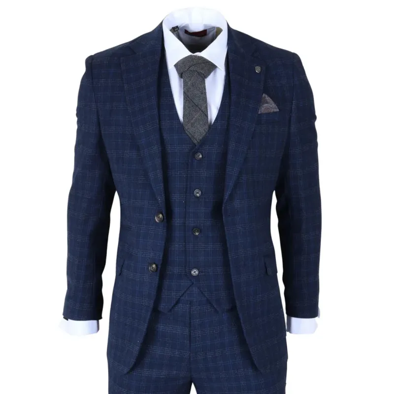 Marcos - Men's Navy Blue Plaid Check Slim Fit 3 Piece Suit sold by Tru Clothing