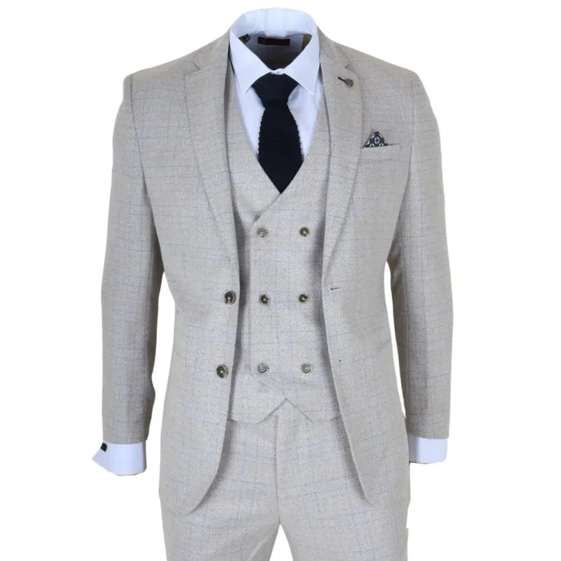 Luis - Men's Cream Plaid Check Slim Fit 3 Piece Suit sold by Tru Clothing