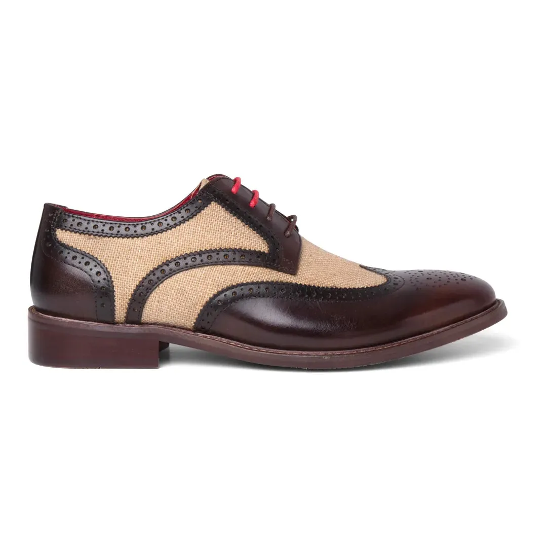 Cole - Men's Brown Leather Canvas Detailing Brogue Shoes sold by Tru Clothing