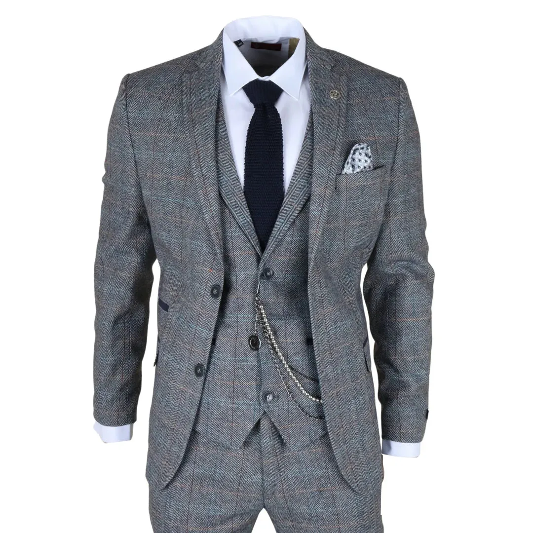 STZ74 - Men's 3 Piece Suit Wool Tweed Light Blue Grey Check sold by Tru Clothing
