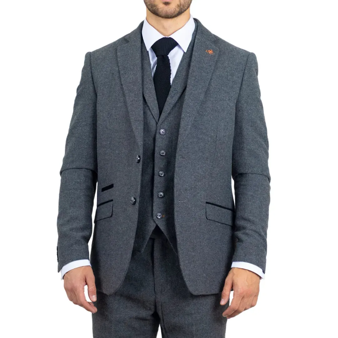 Cosmo - Men's Grey 3 Piece Herringbone Tweed Suit sold by Tru Clothing