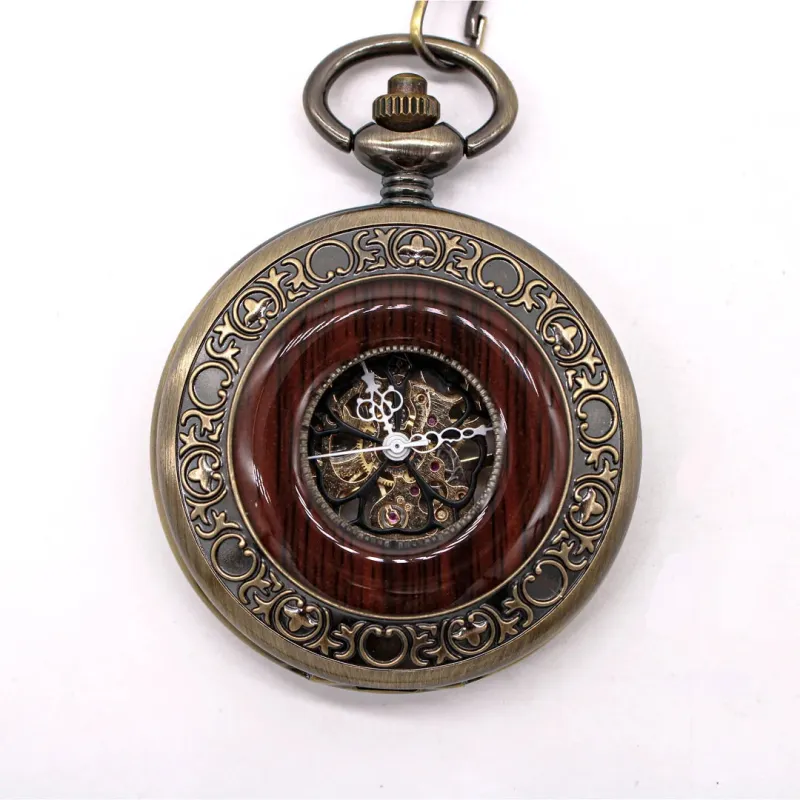 Mechanical Skeleton Half Hunter Vintage Wooden Pocket Watch sold by Tru Clothing