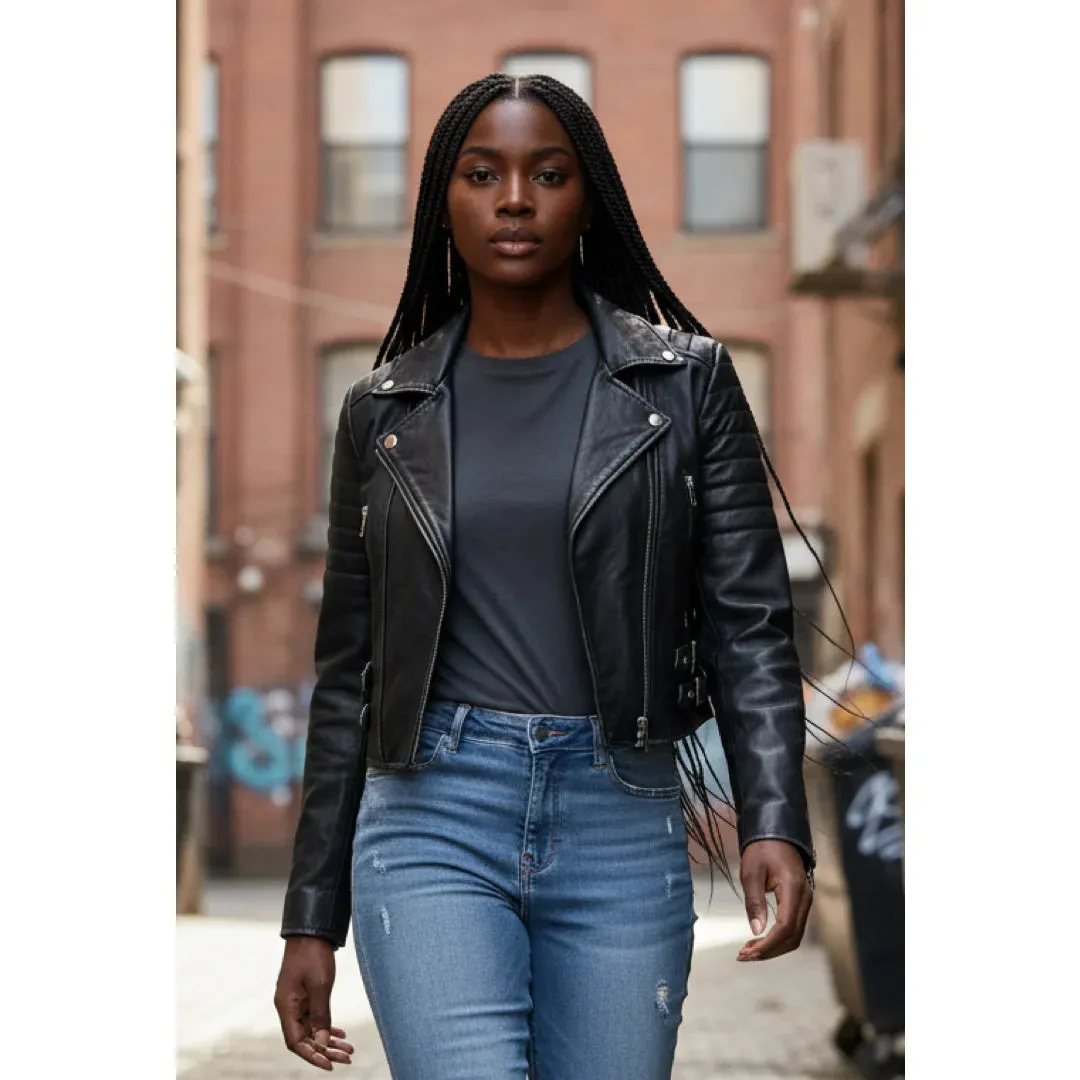 Women's Real Leather Short Cropped Length Biker Jacket sold by Tru Clothing product image thumbnail 2